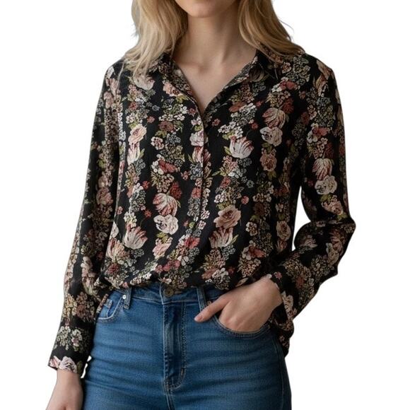 Equipment Femme Silk Floral Stripe Button Front Blouse Black Pink Ivory Size M - Picture 1 of 8